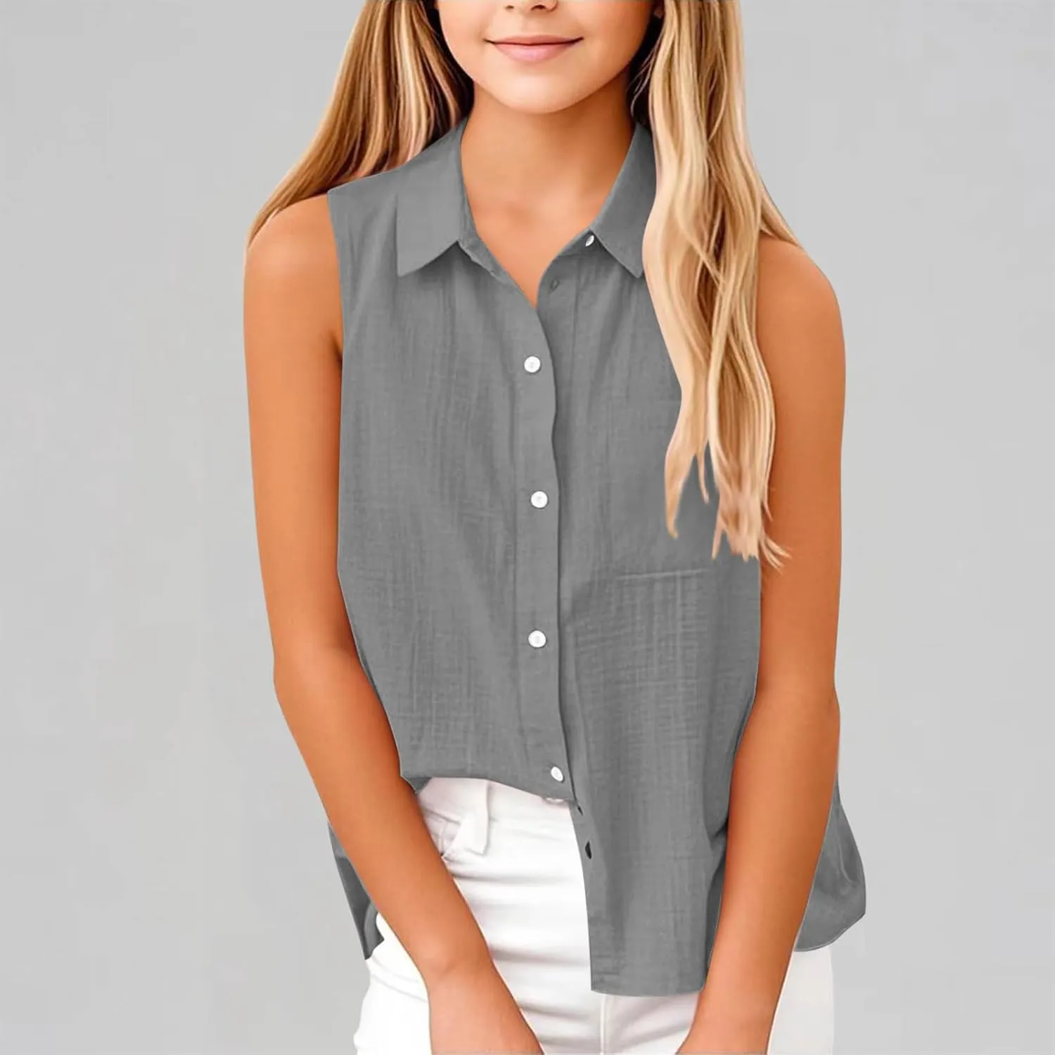 Girls Cotton Linen Shirt Sleeveless Button Up Lapel Collar Solid Color Tank Tops Fashion Casual Boho Vacation Tshirts