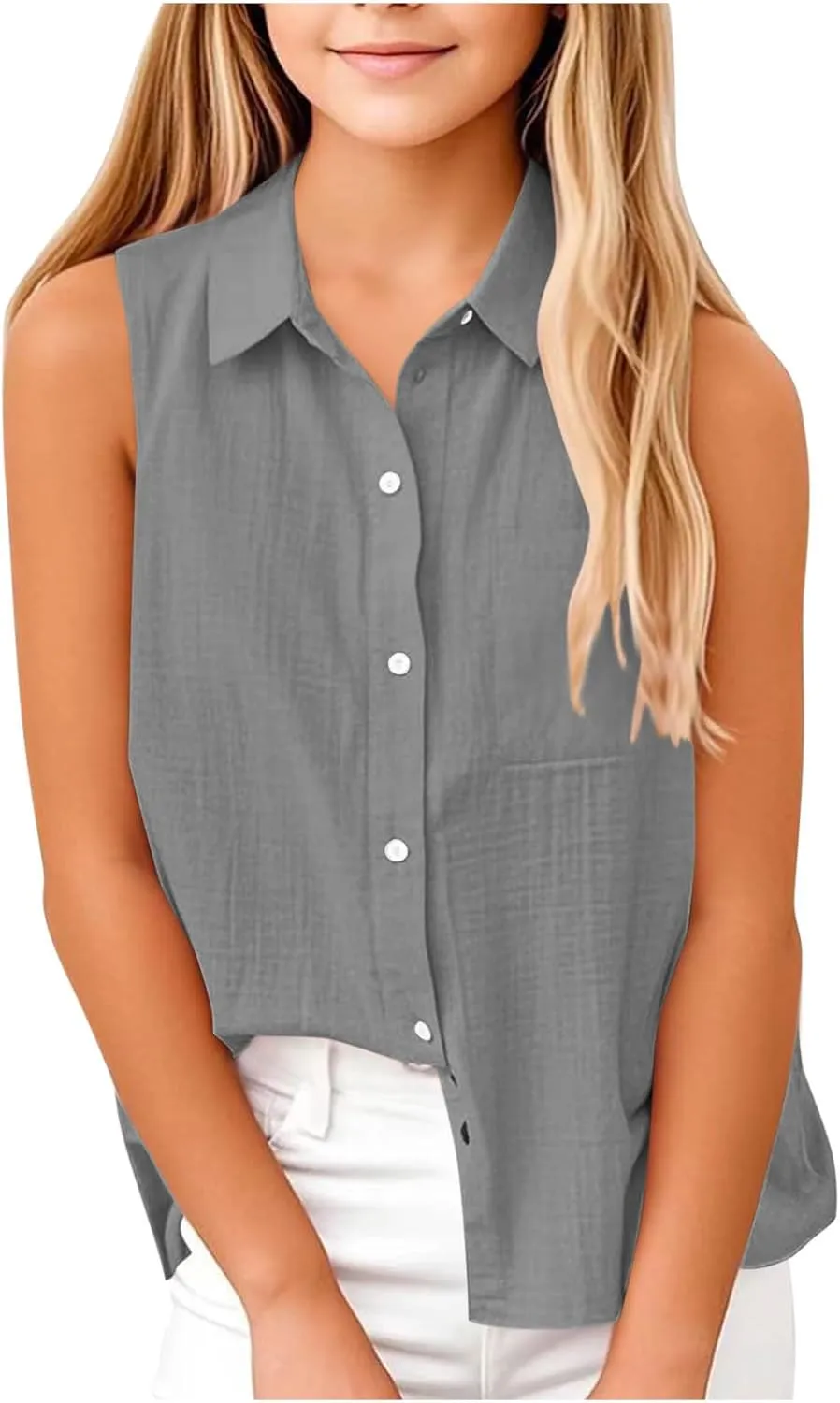 Girls Cotton Linen Shirt Sleeveless Button Up Lapel Collar Solid Color Tank Tops Fashion Casual Boho Vacation Tshirts