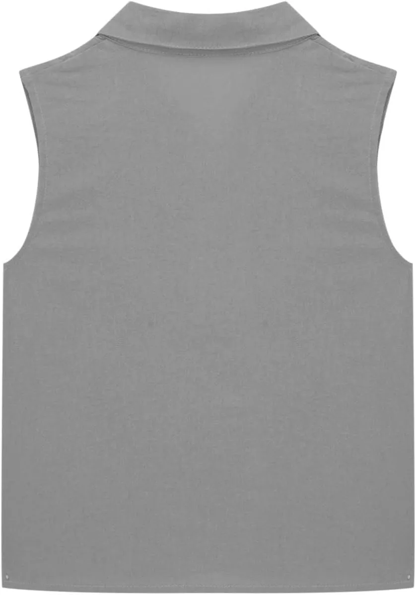 Girls Cotton Linen Shirt Sleeveless Button Up Lapel Collar Solid Color Tank Tops Fashion Casual Boho Vacation Tshirts