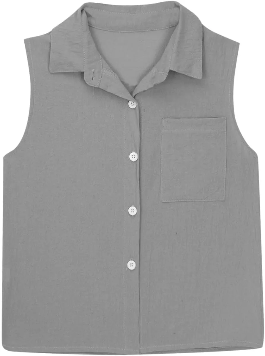 Girls Cotton Linen Shirt Sleeveless Button Up Lapel Collar Solid Color Tank Tops Fashion Casual Boho Vacation Tshirts