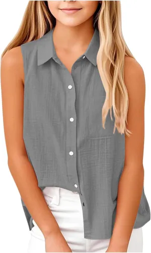 Girls Cotton Linen Shirt Sleeveless Button Up Lapel Collar Solid Color Tank Tops Fashion Casual Boho Vacation Tshirts