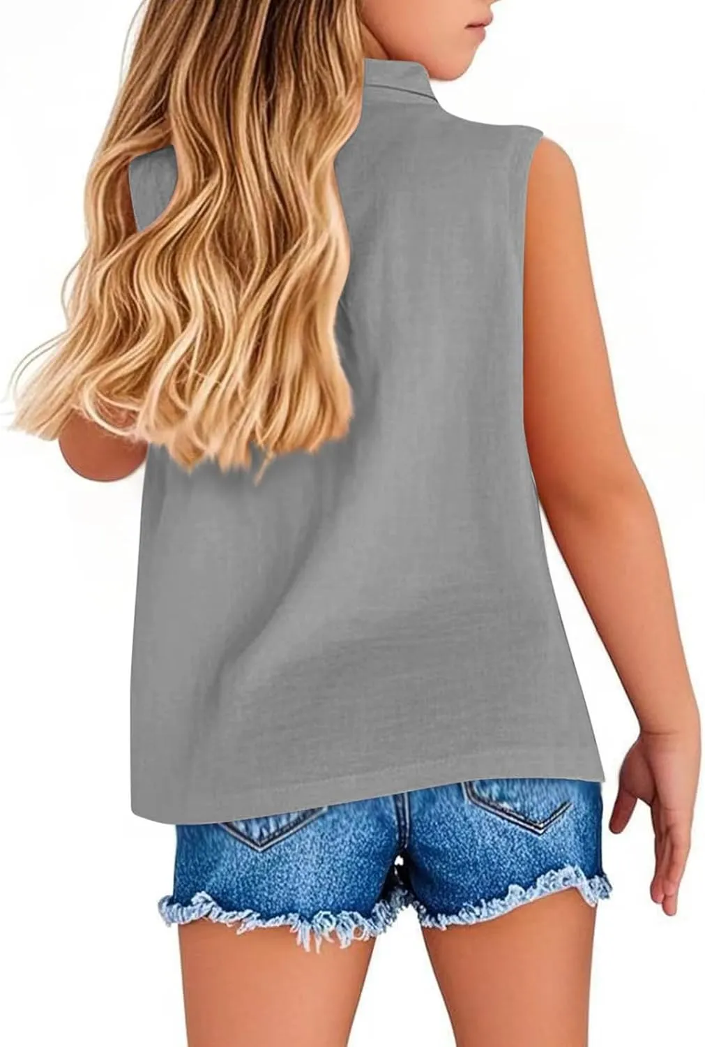 Girls Cotton Linen Shirt Sleeveless Button Up Lapel Collar Solid Color Tank Tops Fashion Casual Boho Vacation Tshirts