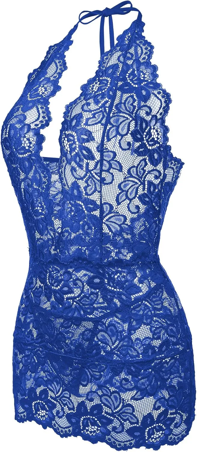 Gladiolus Lingerie for Women Lace Teddy Sexy Deep V Halter Open Back Bodysuit Babydoll S-XXL