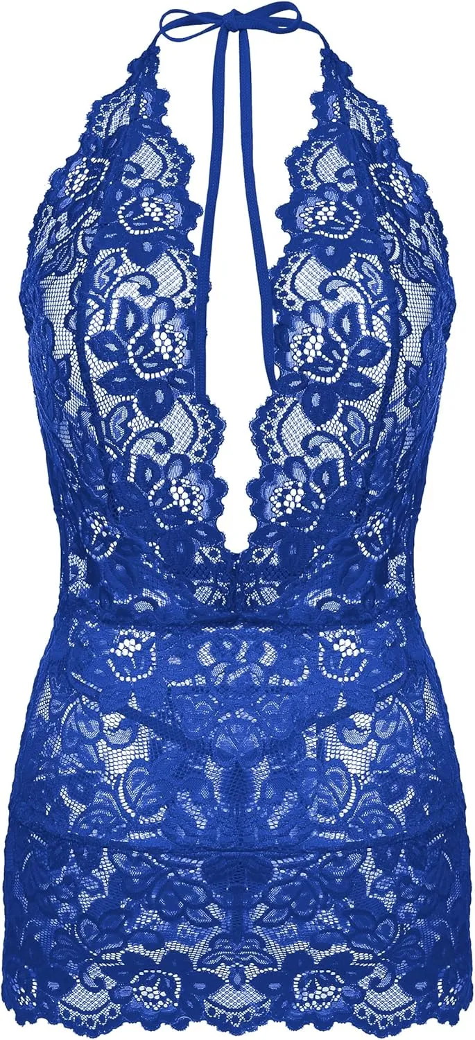 Gladiolus Lingerie for Women Lace Teddy Sexy Deep V Halter Open Back Bodysuit Babydoll S-XXL