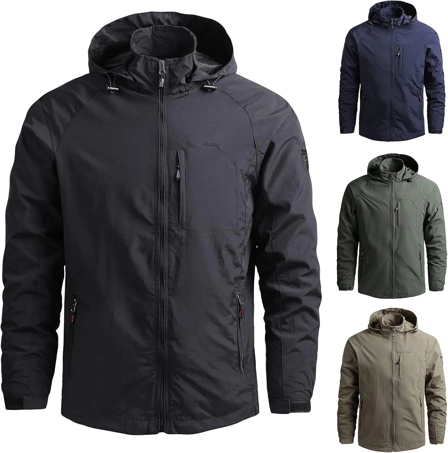 GOKKILRW Men Waterproof Rain Jacket Lightweight Softshell Raincoat Outdoor Mountain Golf Hiking Climbing Hooded Rain Jacket