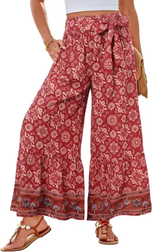 GRACE KARIN Women's 2025 Summer Wide Leg Palazzo Pants Elastic High Waisted Boho Casual Flowy Beach Pants with Pockets