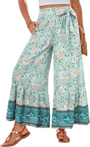 GRACE KARIN Women's 2025 Summer Wide Leg Palazzo Pants Elastic High Waisted Boho Casual Flowy Beach Pants with Pockets