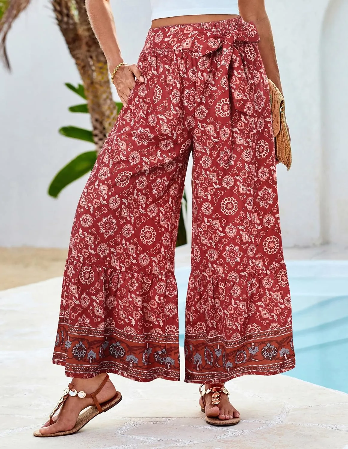 GRACE KARIN Women's 2025 Summer Wide Leg Palazzo Pants Elastic High Waisted Boho Casual Flowy Beach Pants with Pockets