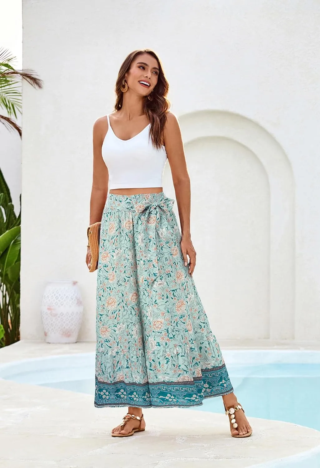 GRACE KARIN Women's 2025 Summer Wide Leg Palazzo Pants Elastic High Waisted Boho Casual Flowy Beach Pants with Pockets