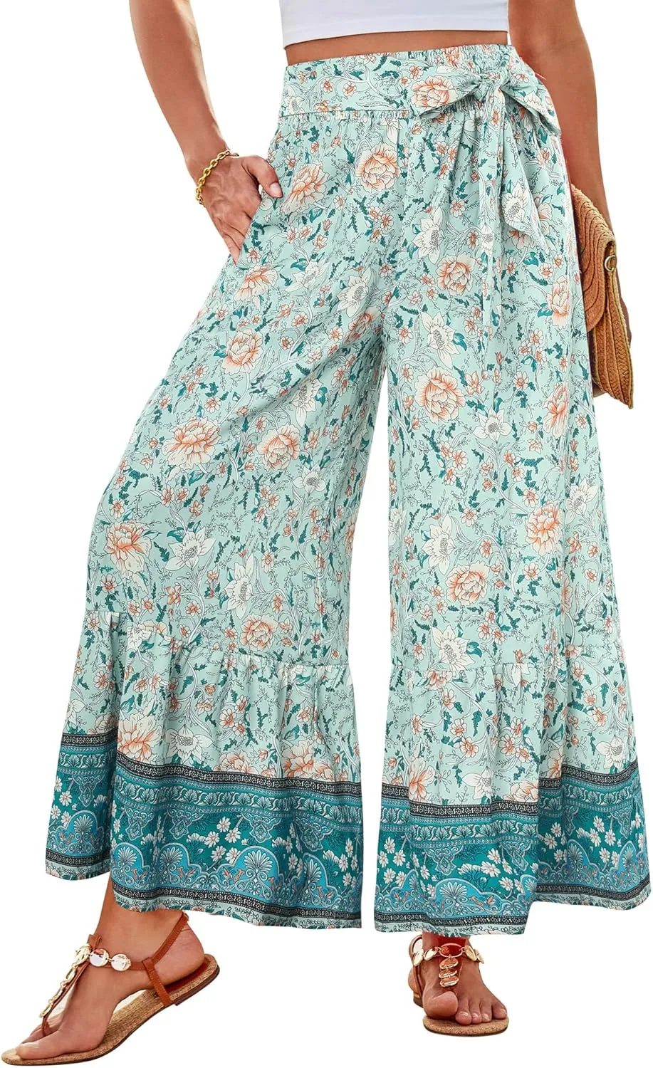 GRACE KARIN Women's 2025 Summer Wide Leg Palazzo Pants Elastic High Waisted Boho Casual Flowy Beach Pants with Pockets