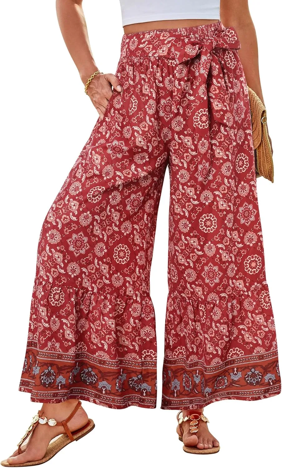 GRACE KARIN Women's 2025 Summer Wide Leg Palazzo Pants Elastic High Waisted Boho Casual Flowy Beach Pants with Pockets