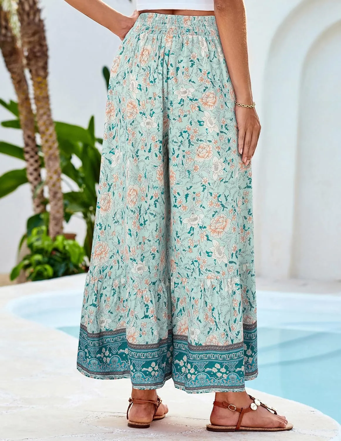 GRACE KARIN Women's 2025 Summer Wide Leg Palazzo Pants Elastic High Waisted Boho Casual Flowy Beach Pants with Pockets