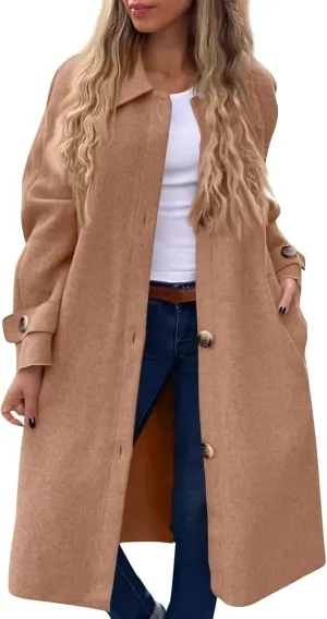 Gumipy Long Winter Coats for Women Plus Size Single Breasted Wool Coats Jackte Trendy Long Sleeve Pea Coats with Pockets