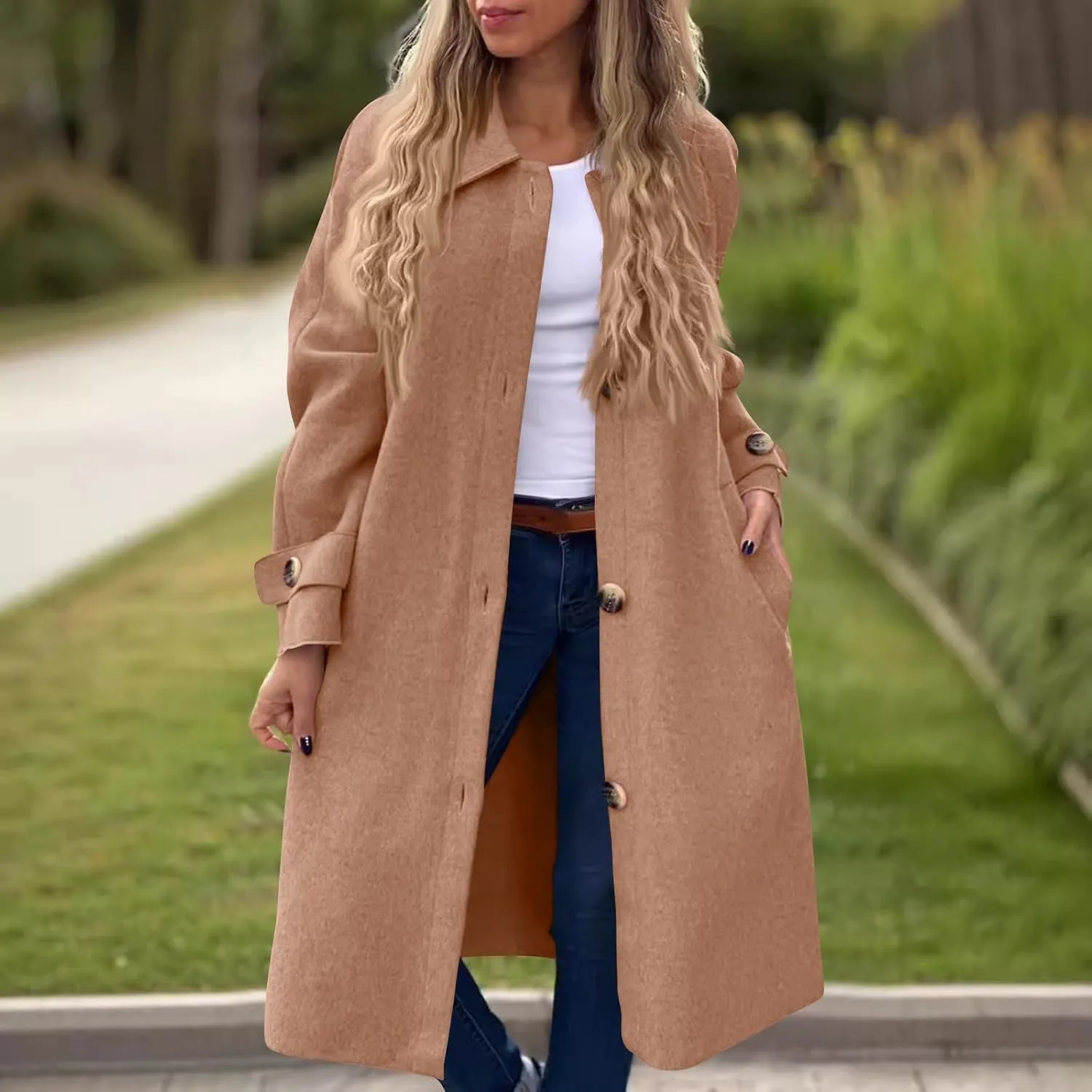 Gumipy Long Winter Coats for Women Plus Size Single Breasted Wool Coats Jackte Trendy Long Sleeve Pea Coats with Pockets