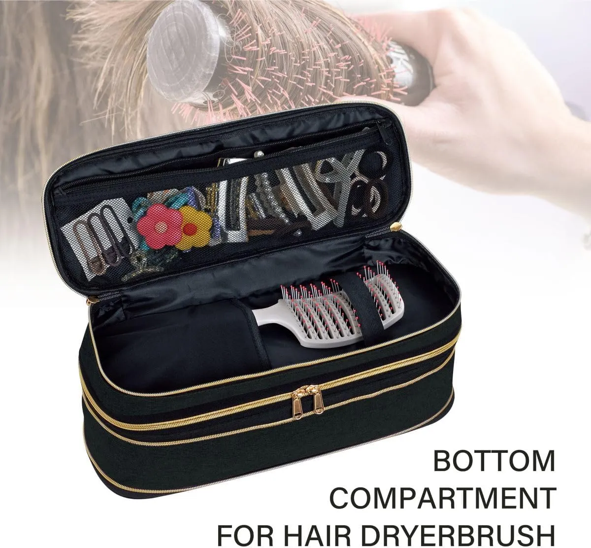 Hair Dryer Travel Carrying Case, Curling Iron Storage Bag, Slim Expandable Handheld Dual-Layer Travel Storage Bag for Dryer/Hair Tool Organizer/Style Organizer
