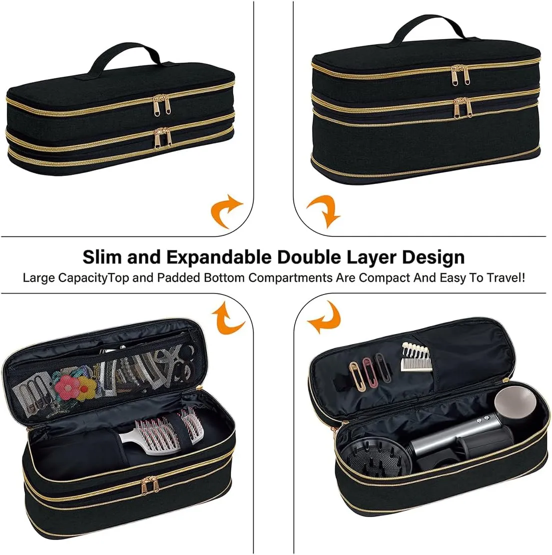 Hair Dryer Travel Carrying Case, Curling Iron Storage Bag, Slim Expandable Handheld Dual-Layer Travel Storage Bag for Dryer/Hair Tool Organizer/Style Organizer