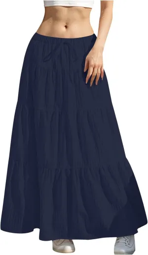 hlysgo Beach Skirts for Women Casual Loose Fit Drawstring Waist Peplum Maxi Skirt 2025 Summer Boho Tiered Vacation Skirts