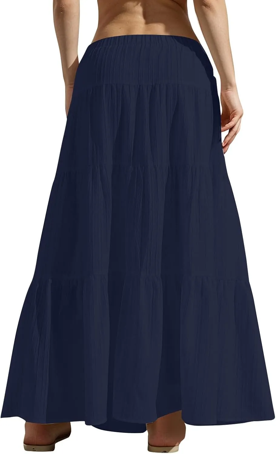 hlysgo Beach Skirts for Women Casual Loose Fit Drawstring Waist Peplum Maxi Skirt 2025 Summer Boho Tiered Vacation Skirts