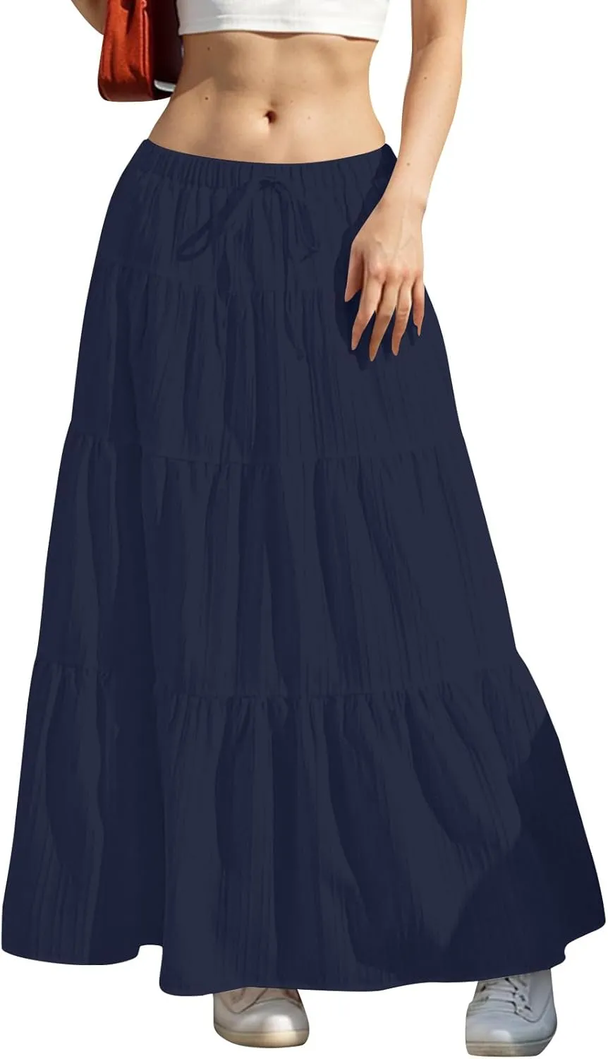 hlysgo Beach Skirts for Women Casual Loose Fit Drawstring Waist Peplum Maxi Skirt 2025 Summer Boho Tiered Vacation Skirts