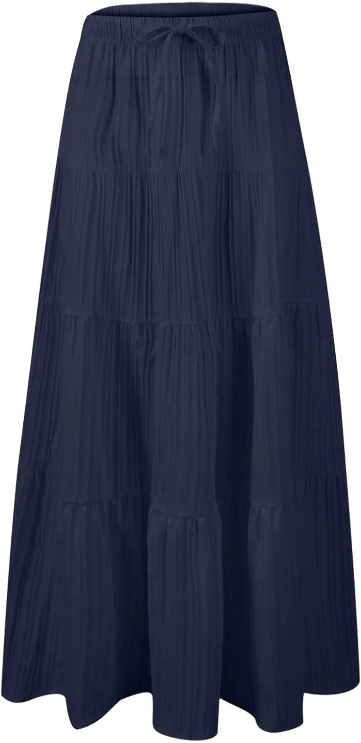 hlysgo Beach Skirts for Women Casual Loose Fit Drawstring Waist Peplum Maxi Skirt 2025 Summer Boho Tiered Vacation Skirts