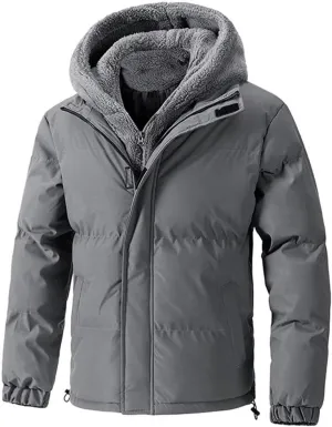 Hooded Puffer Jacket Men Quilted Thick Jacket Winter Fleece Hoodies Zip Up Button Down Coat Bomber Jacket Outerwear
