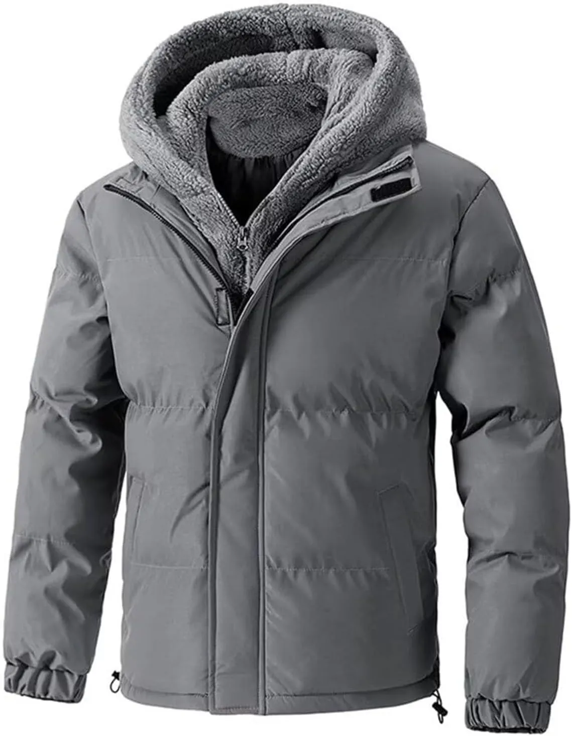 Hooded Puffer Jacket Men Quilted Thick Jacket Winter Fleece Hoodies Zip Up Button Down Coat Bomber Jacket Outerwear