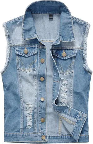 JEKE-DG Men's Ripped Fashion Biker Jean Vest Distressed Button Down Denim Vest Casual Slim Fit Trucker Jean Vests