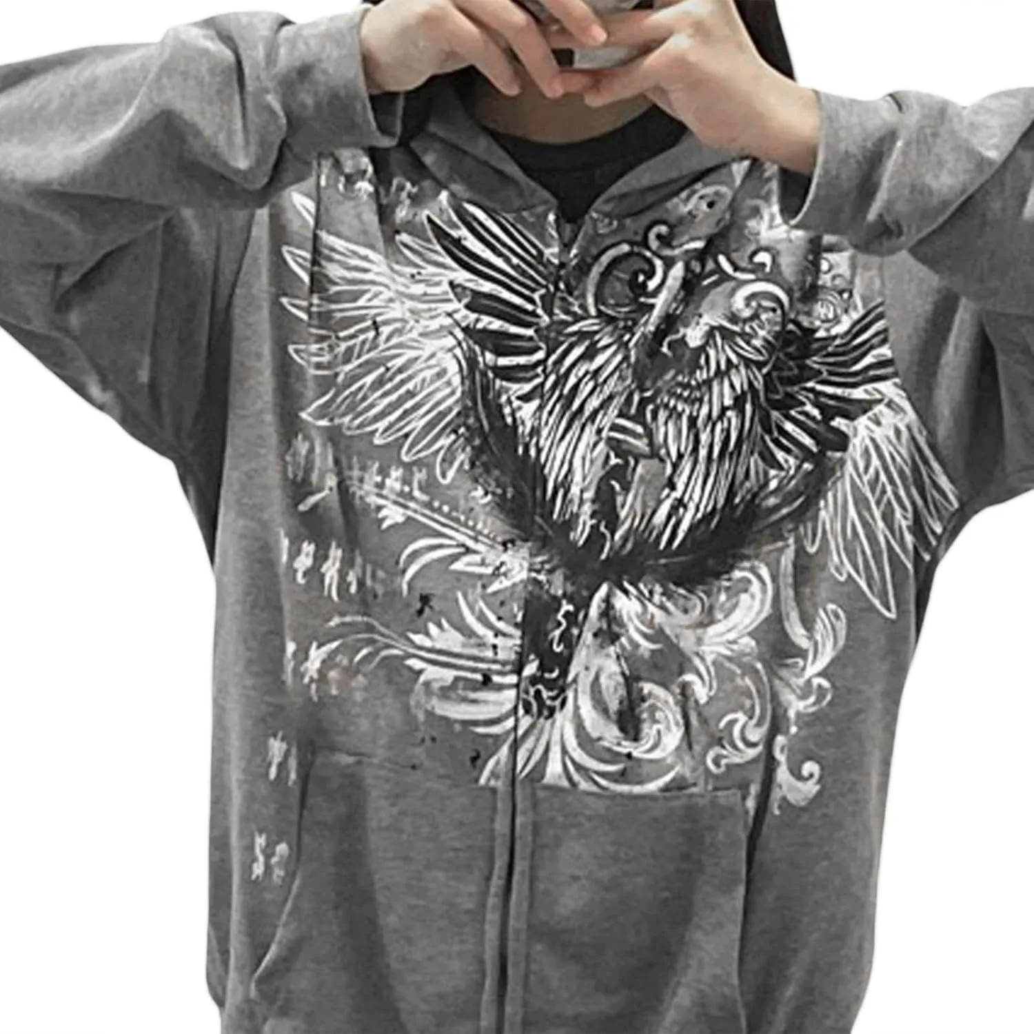 Juakoso Y2k Women Zip Up Hoodie Sweatshirt Rhinestone Skeleton Printing Long Sleeve Oversized Jacket Pullovers Fall Coats
