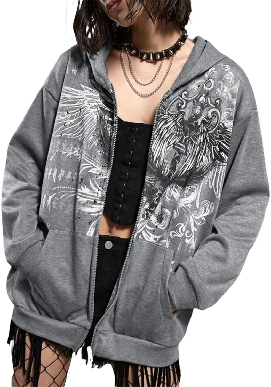Juakoso Y2k Women Zip Up Hoodie Sweatshirt Rhinestone Skeleton Printing Long Sleeve Oversized Jacket Pullovers Fall Coats