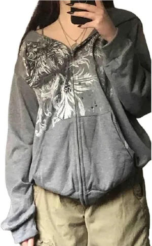 Juakoso Y2k Women Zip Up Hoodie Sweatshirt Rhinestone Skeleton Printing Long Sleeve Oversized Jacket Pullovers Fall Coats