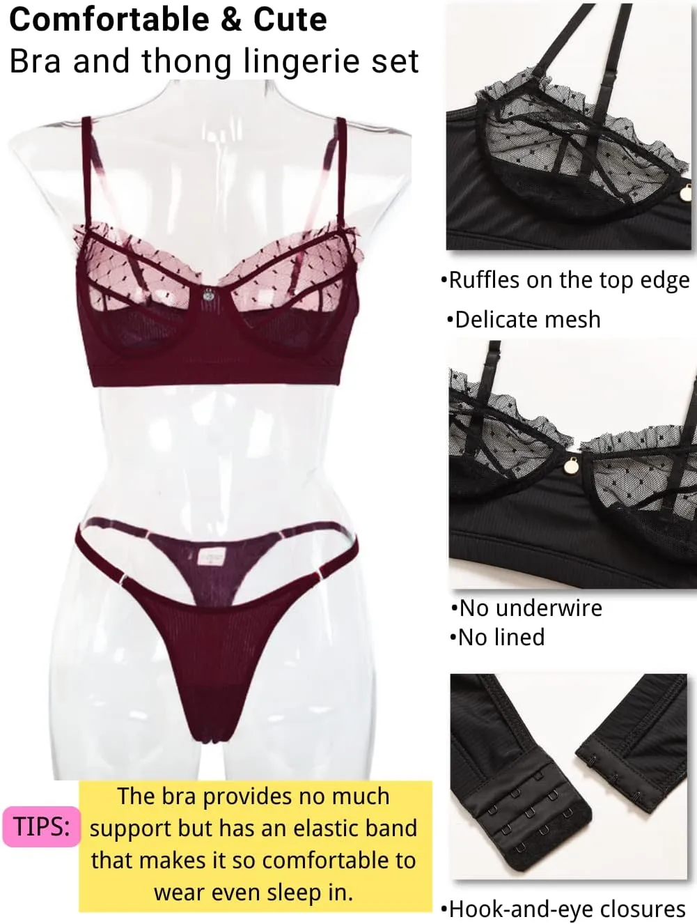 Kaei&Shi Sexy Lingerie for Women,Ruffle 2 Piece Lace Lingerie Set,Sheer Bra and Panty Sets Valentine