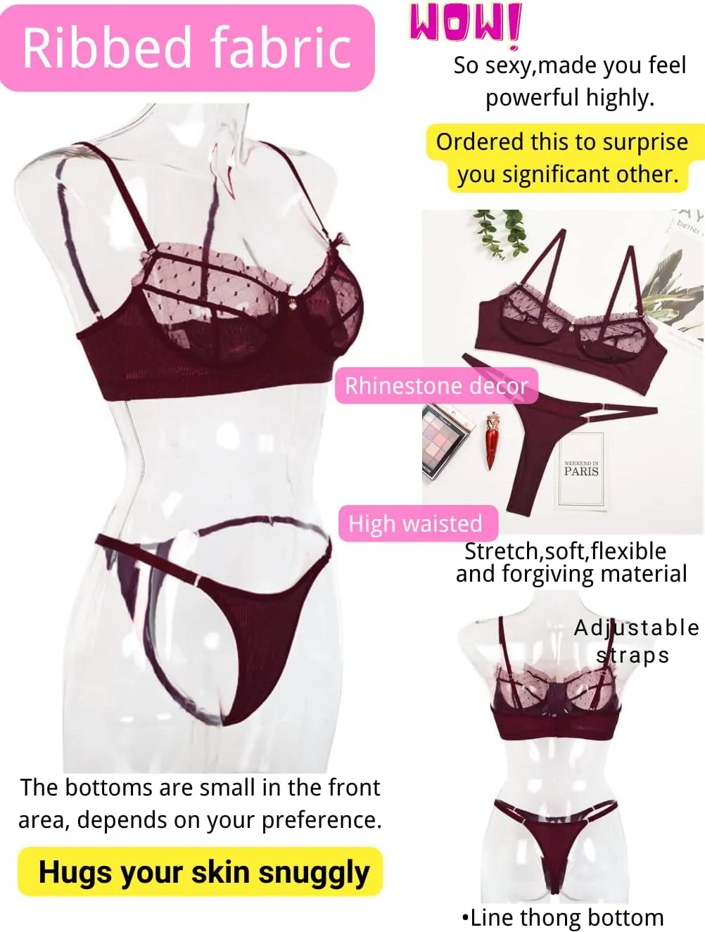 Kaei&Shi Sexy Lingerie for Women,Ruffle 2 Piece Lace Lingerie Set,Sheer Bra and Panty Sets Valentine