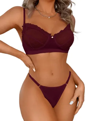 Kaei&Shi Sexy Lingerie for Women,Ruffle 2 Piece Lace Lingerie Set,Sheer Bra and Panty Sets Valentine