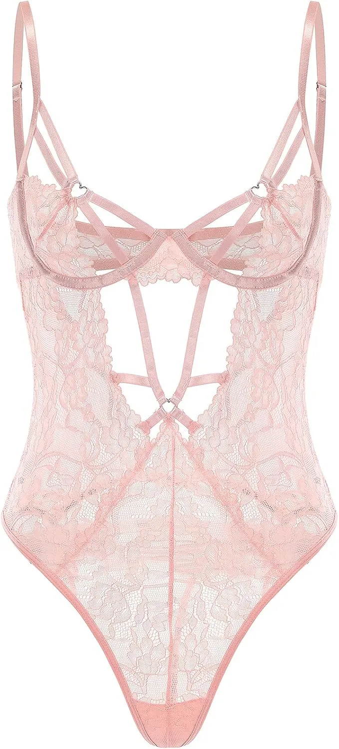 KAYLLE&KT Lingerie for Women Sexy One Piece Hollow Out Floral Lace Bodysuit Babydoll Teddy Lingerie
