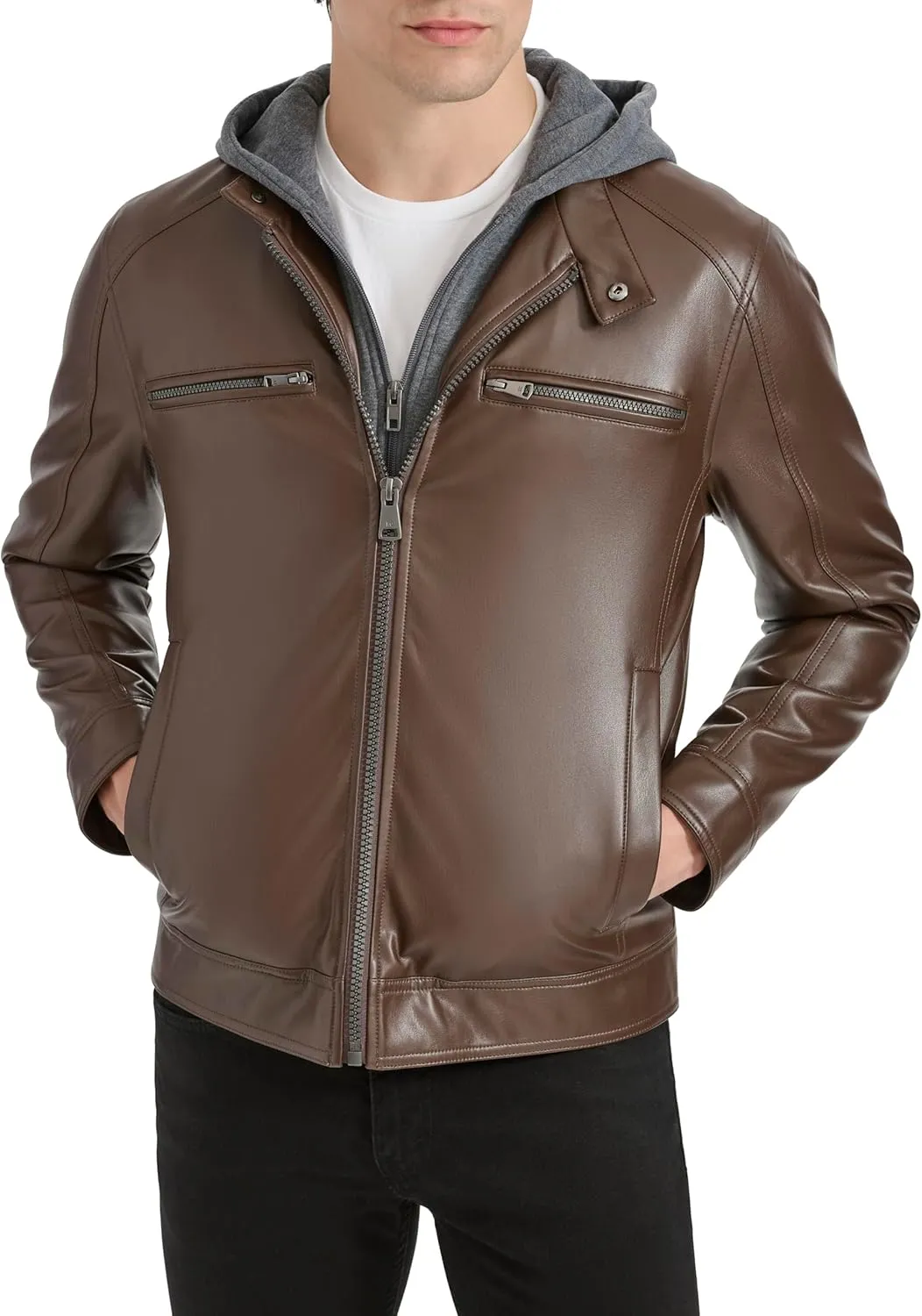 Kenneth Cole Men's Faux Leather Moto with Jersey Attached Hood