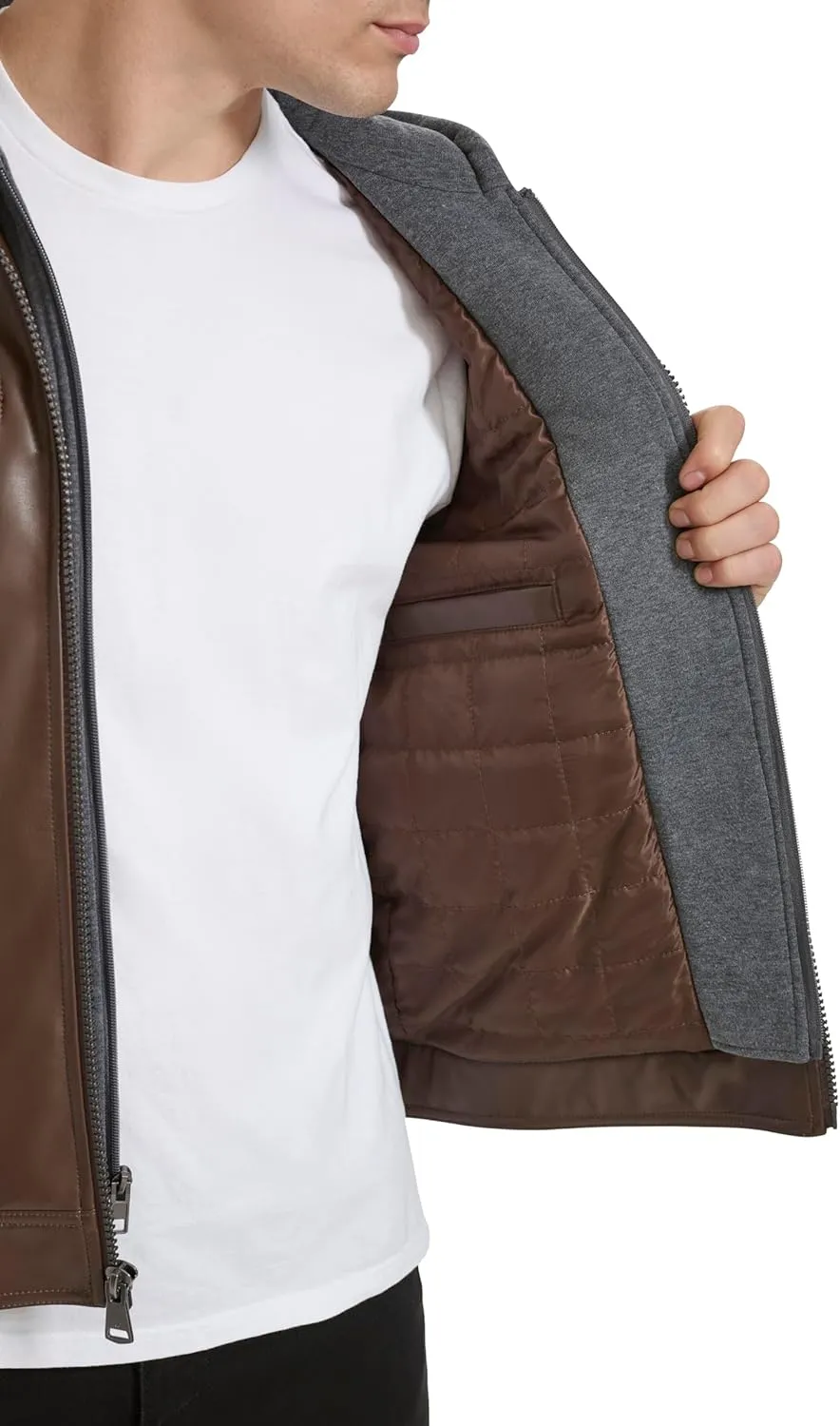 Kenneth Cole Men's Faux Leather Moto with Jersey Attached Hood