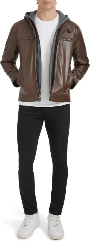 Kenneth Cole Men's Faux Leather Moto with Jersey Attached Hood