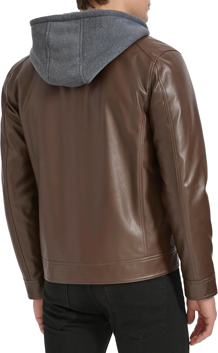 Kenneth Cole Men's Faux Leather Moto with Jersey Attached Hood