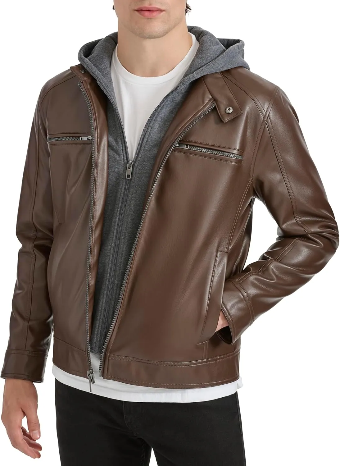 Kenneth Cole Men's Faux Leather Moto with Jersey Attached Hood