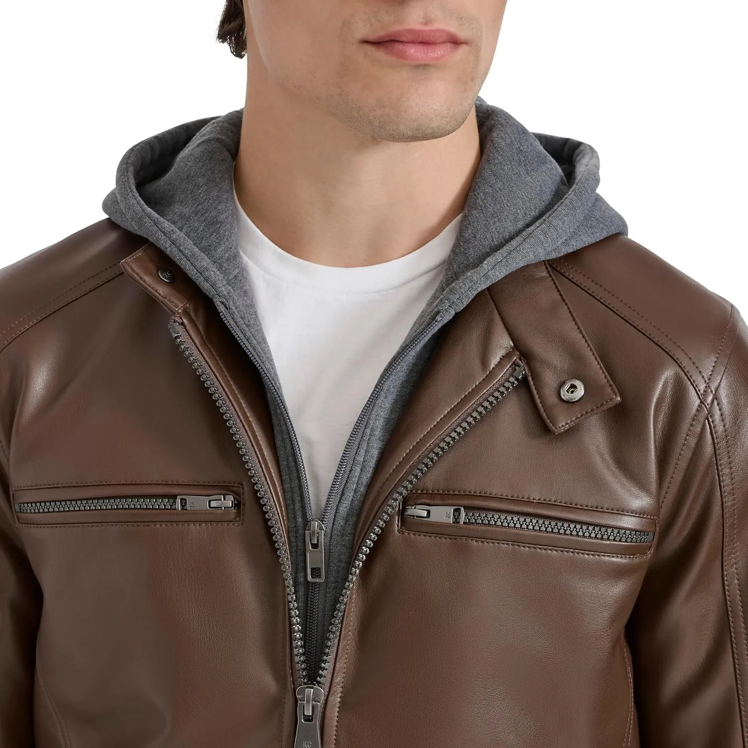 Kenneth Cole Men's Faux Leather Moto with Jersey Attached Hood
