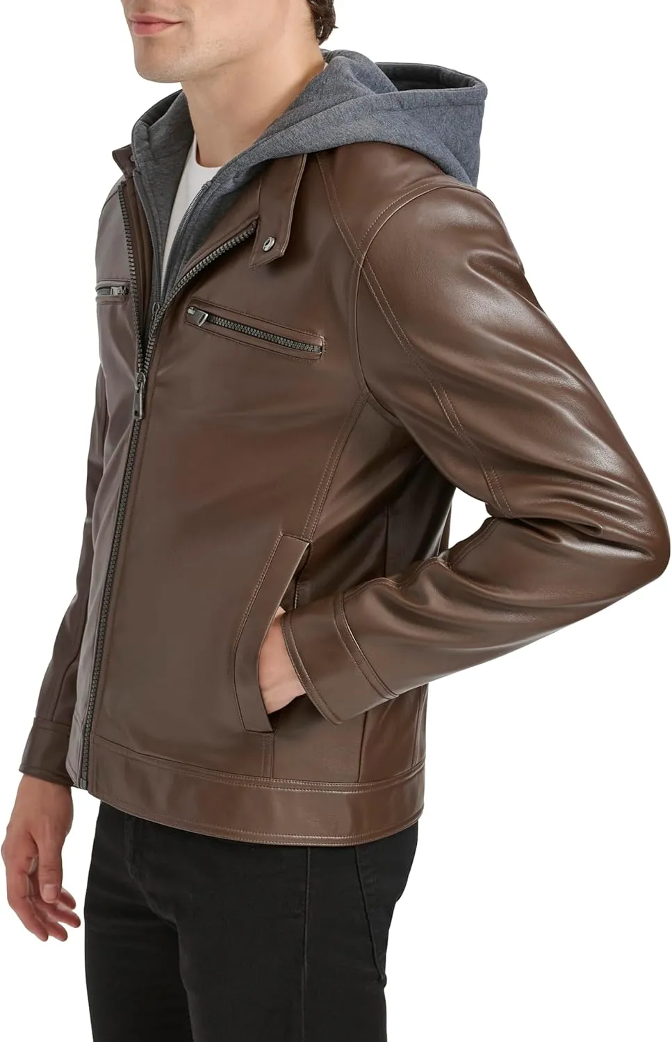 Kenneth Cole Men's Faux Leather Moto with Jersey Attached Hood