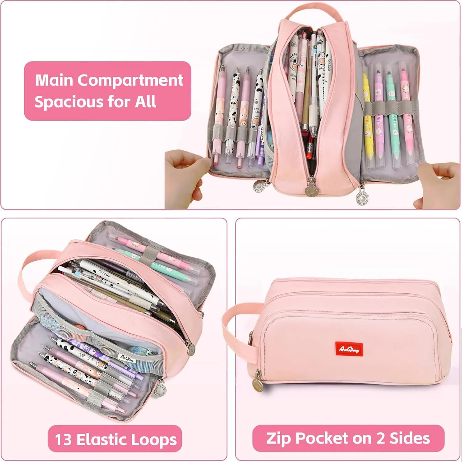 KITENROM Large Pencil Bag Pen Pouch Pencils Holder Case for Writing Correction Office Stationery Supplies Bags Big Pens Organizer Travel Cosmetics Storage Pink Accessories Not Included