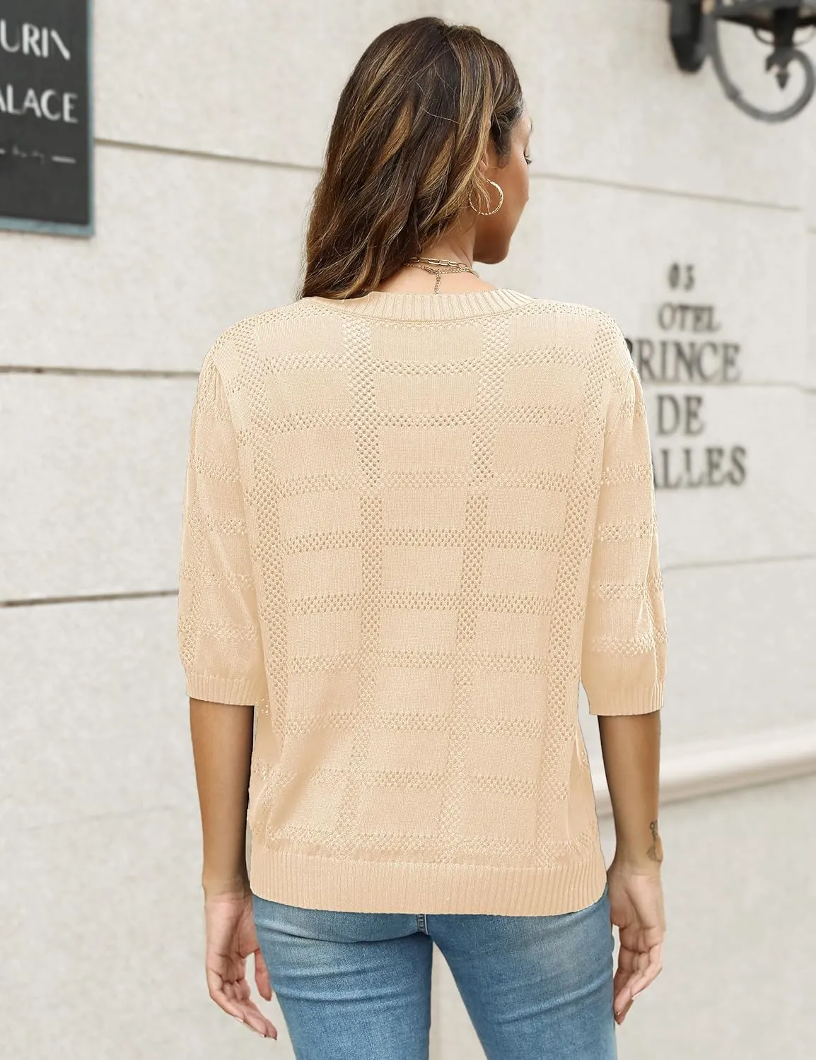 Knit Tops for Women Scoop Neck Short Sleeve Crochet Tops Blouses Dressy Casual Fall Lightweight Sweaters