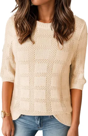 Knit Tops for Women Scoop Neck Short Sleeve Crochet Tops Blouses Dressy Casual Fall Lightweight Sweaters