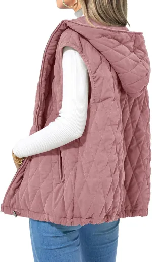 Kubbon Women's 2024 Fall Vest Casual Sleeveless Zip Up Quilted Vests Lightweight Hooded Jacket Winter Warm Padded Gilet