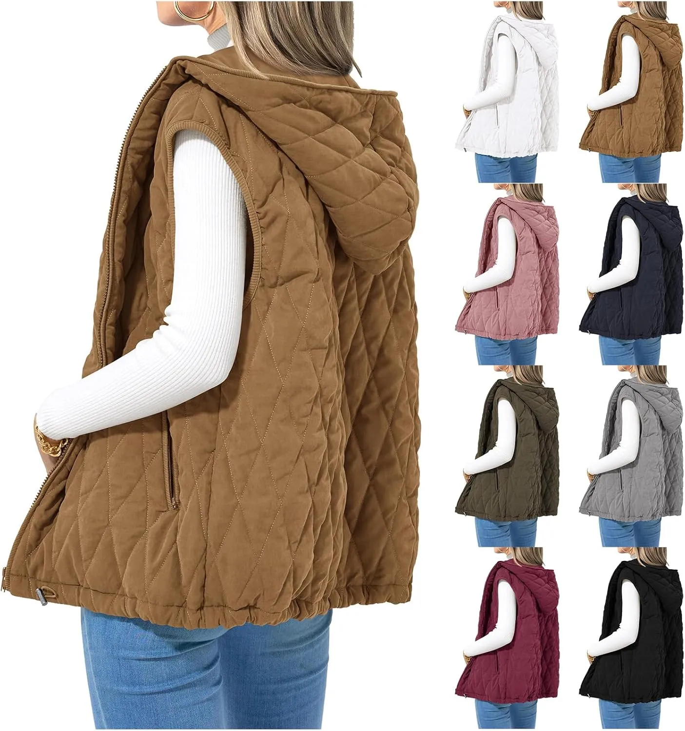 Kubbon Women's 2024 Fall Vest Casual Sleeveless Zip Up Quilted Vests Lightweight Hooded Jacket Winter Warm Padded Gilet