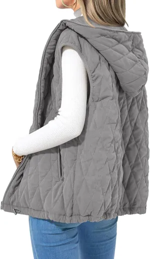 Kubbon Women's 2024 Fall Vest Casual Sleeveless Zip Up Quilted Vests Lightweight Hooded Jacket Winter Warm Padded Gilet