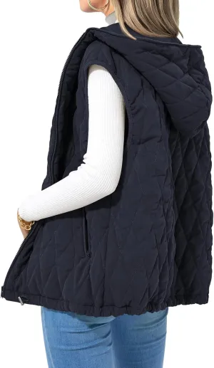 Kubbon Women's 2024 Fall Vest Casual Sleeveless Zip Up Quilted Vests Lightweight Hooded Jacket Winter Warm Padded Gilet