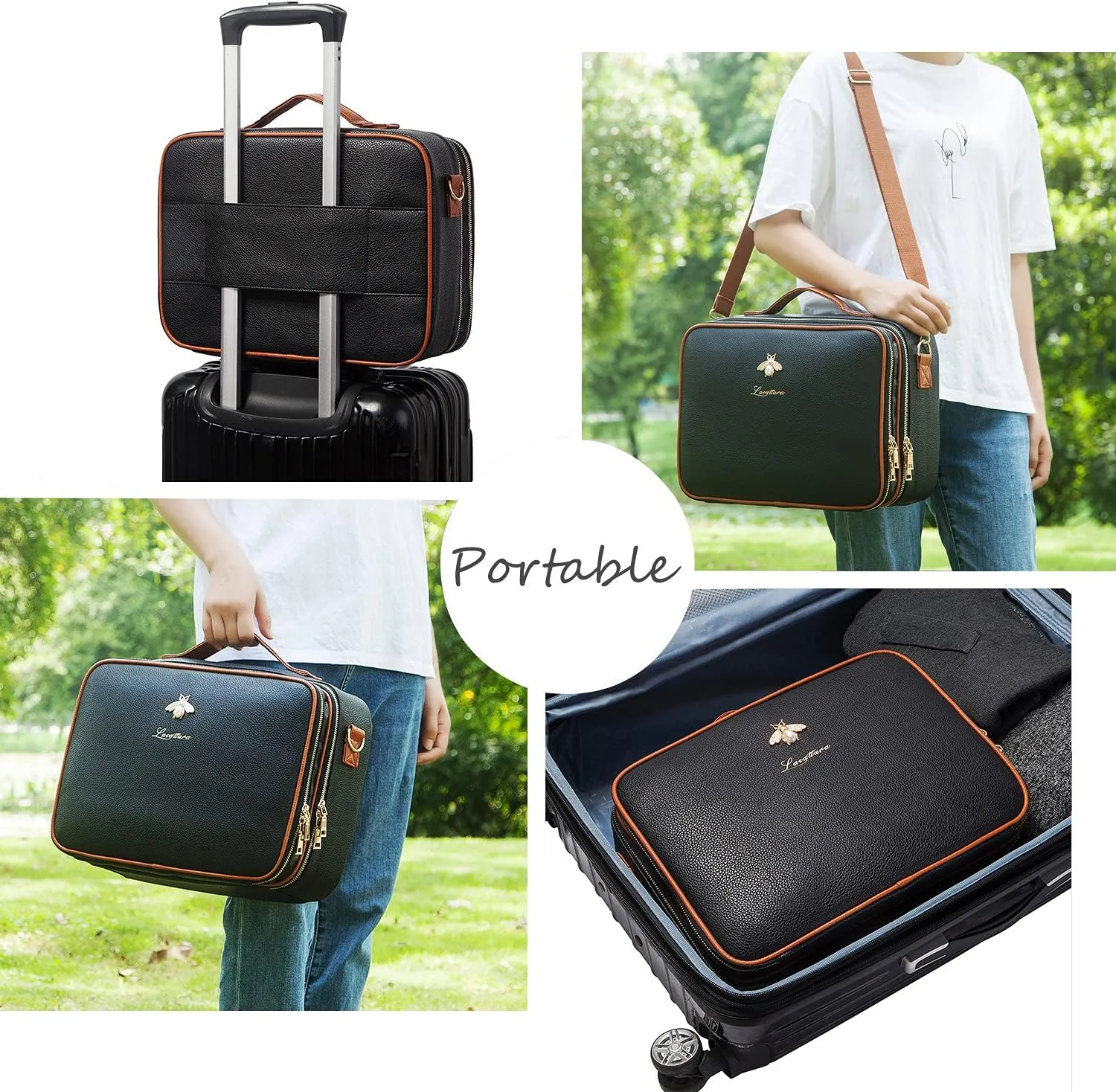 LACATTURA Travel Makeup bag, Leather Makeup Train Case Cosmetic Organizer for Makeup Brushes Toiletry Digital Accessories, Portable Artist Storage Bag With Shoulder Strap for Women lady Black, Large