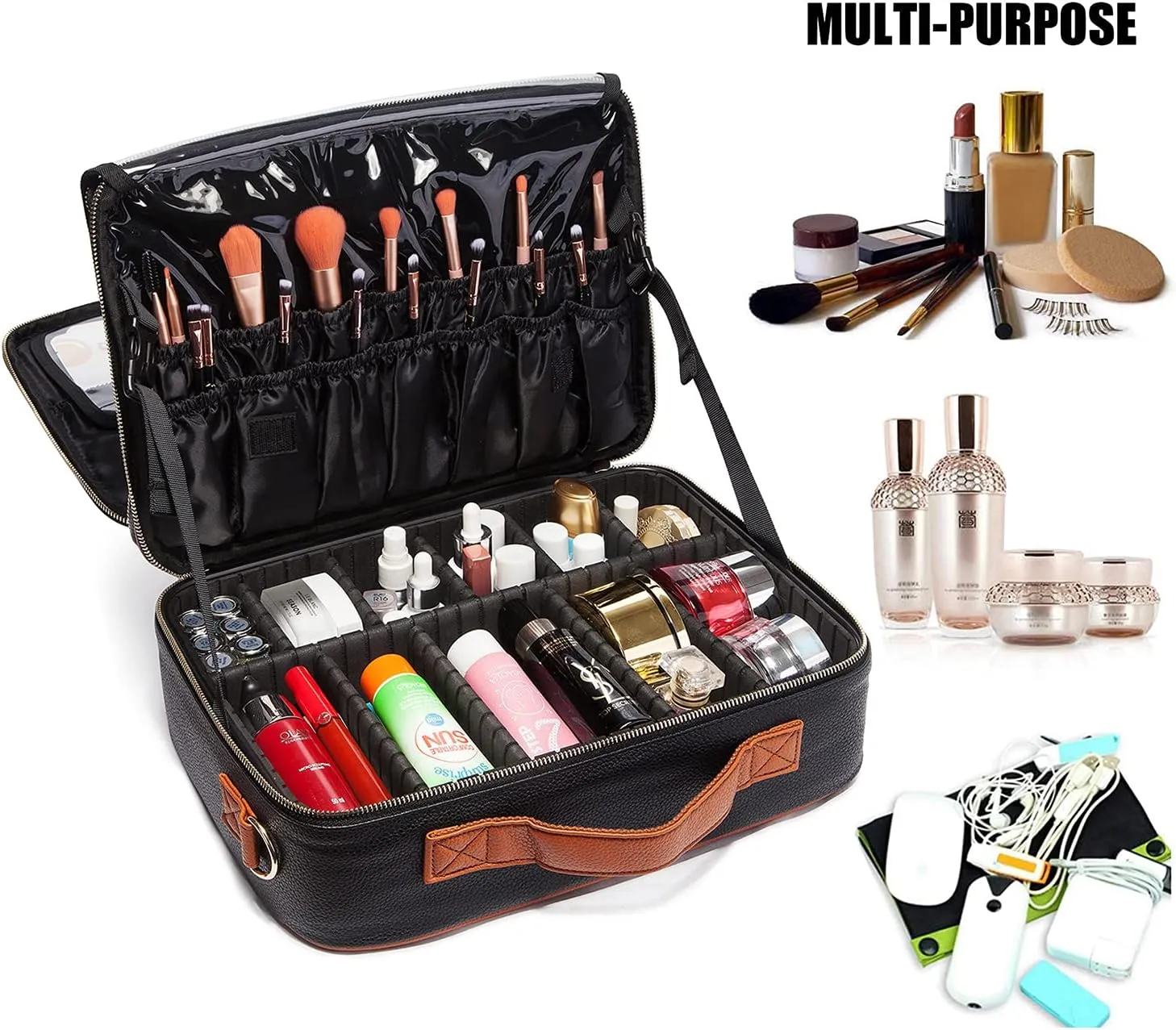 LACATTURA Travel Makeup bag, Leather Makeup Train Case Cosmetic Organizer for Makeup Brushes Toiletry Digital Accessories, Portable Artist Storage Bag With Shoulder Strap for Women lady Black, Large